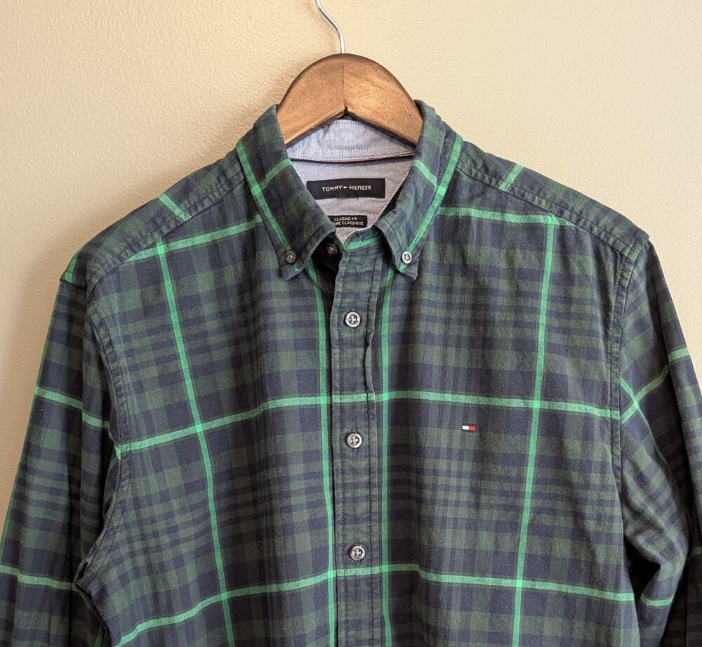 Tommy Hilfiger Mens Medium M Green Blue Plaid Classic Fit Button Down Shirt